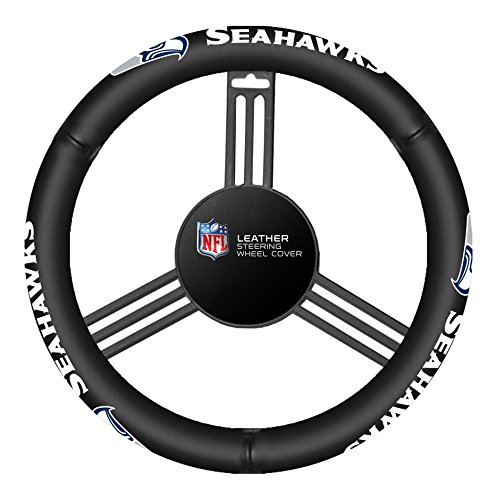 Fremont Die NFL Seattle Seahawks Leather Steering Wheel Cover, Fits Most Steering Wheels, Black/Team Colors