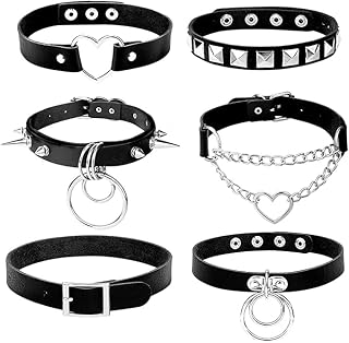 LOLIAS 6Pcs PU Leather Gothic Choker Necklace Punk Chain Clavicle Black Choker Sexy Spike Choker Rock Belt Love Heart Choker Adjustable Collar Choker Cosplayer Halloween Costume Accessory