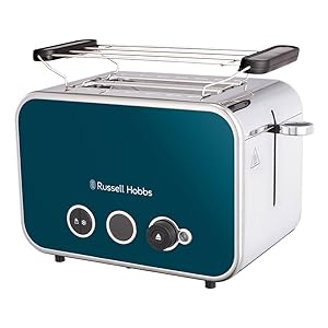 Russell Hobbs Tostadora Distinctions, 2 Ranuras Cortas y Anchas, Tostador para 2 Rebanadas, Calienta panecillos, Función Cancelar, Recalentar y Descongelar, Acero Inoxidable, Azul, 26431-56