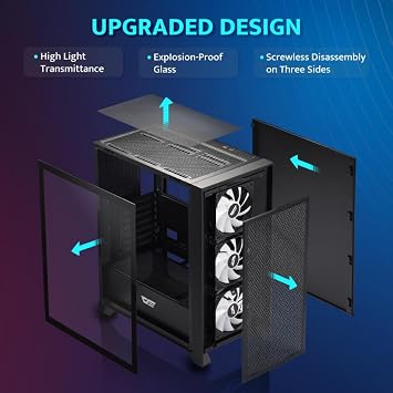 darkFlash ATX Mid-Tower Gaming PC Case, Pre-Installed 3x120mm Fix RGB Fans, with Removable Large Mesh Front Panel, USB3.0 Ready, Tempered Glass Side Panel Airflow Computer Case, Black(DRX70)