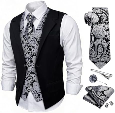DiBanGu Men's Layered Suit Vest and Tie Set Formal Silk Paisley Vests Business Dress Waistcoat Wedding 17PCS, Black Silver, X-Large