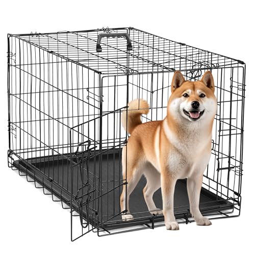Simple Deluxe 30-Inch Medium Dog Crate with Divider, Double Door Folding Metal Wire Cage with Leak-Proof Plastic Tray, Portable Pet Kennel for Indoor, Outdoor, and Travel