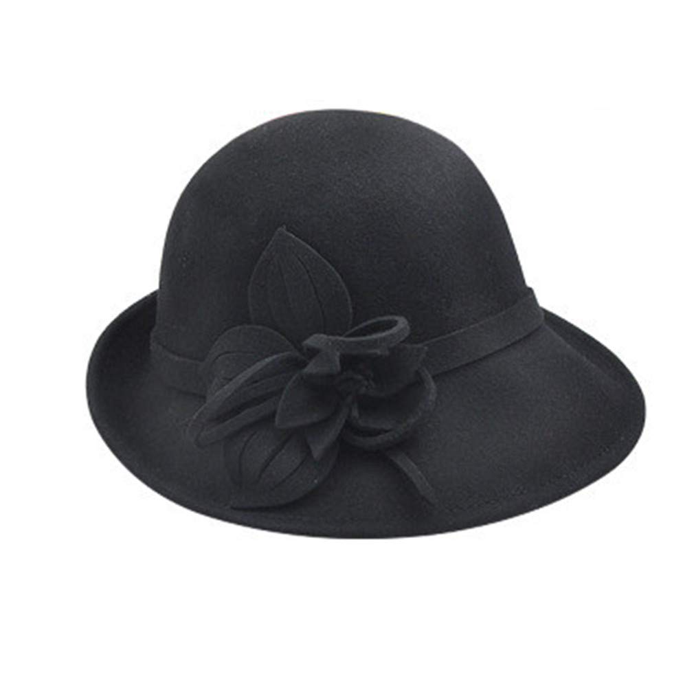 Ulalaza Wool Felt Cloche Hat Winter Wide Brim Retro Flower Bowknot Vintage Bucket Hat Floppy Hat for Ladies