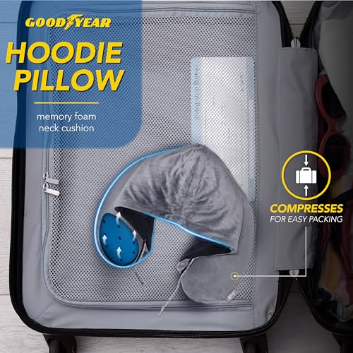 Image of Goodyear Travel Pillow with Hood - Neck Support for Comfortable Travel, Hooded Neck Pillow for Flights and Road Trips, Gray