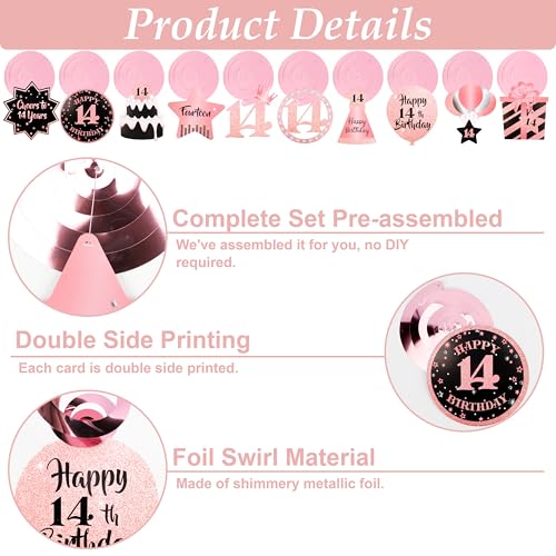 Image of 14th Birthday Decorations for Girls Rose Gold Pink Pre Strung Happy 14th Birthday Banner and Hanging Swirls 14 Year Old Party Decorations Supplies