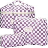 TESAFNG Quilted Makeup Bag Set - 3 PCS Cute Floral Cotton Makeup Bag, Large Coquette Aesthetic Make up Cosmetic Bag, Flower Travel Toiletry Organizer Bags for Women Girls (Checkered Purple)