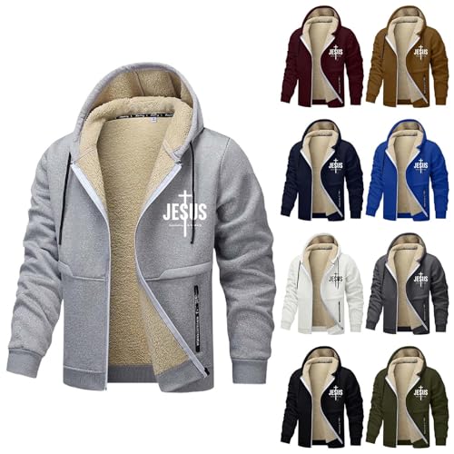 Men Jesus Hoodie Zip Up Sherpa Lined Plus Size Graphic Christian Faith Outdoor Athletic Thermal Jacket with Pockets