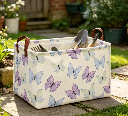 Image of Rectangle Storage Basket with Handles, Collapsible Storage Bin, Books Box,Gift Basket(Blue & Purple Butterfly)