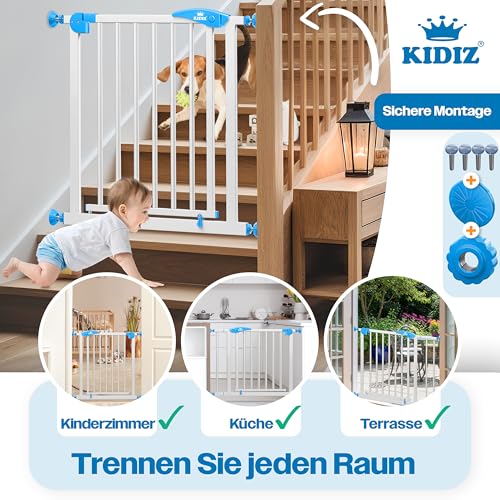 KIDIZ Treppenschutzgitter ohne Bohren | Verstellbare Breite: 88-94 cm, 75 cm hoch, Türschutzgitter und Absperrgitter für Kinder und Hunde, Beidseitige Einhand Öffnung, 90° Open-Stop System, Weiß/Blau