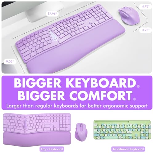 X9 Purple Ergonomic Keyboard Mouse Wireless Combo - Type Comfortably Longer - 2.4G/Bluetooth Split Keyboard, Multi-Device, Soft Wrist Rest, Rechargeable, Silent Ergo Keys - Laptop, PC, Mac,iOS,Android