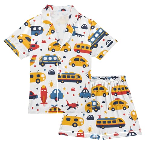 Satin Pajama Sets Short Sleeve Transportation Vehicles on Colorful Button Down Silky Nightwear 2 Piece PJS 5-14Y