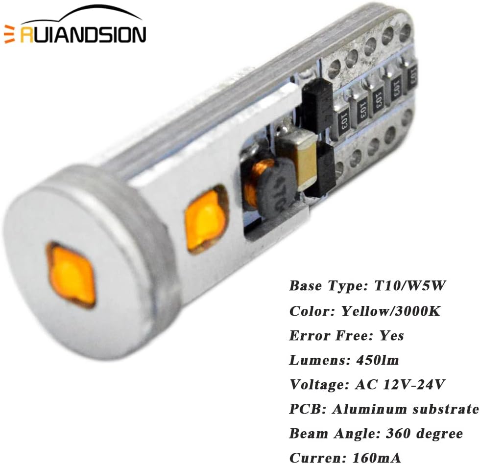 Ruiandsion 10pcs 194 LED Light Bulb 12-24V Super Bright 2525 LED Chipsets 168 2825 W5W T10 Wedge LED Replacement Bulbs Canbus Error Free for Car Door Courtesy License Plate Lights,Yellow