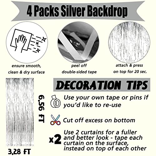Image of 4 Pack Silver Fringe Curtain Backdrop, 3.2Ft x 6.6Ft Metallic Tinsel Foil Fringe Streamers Background for Photo Booth Birthday Wedding Baby Shower Carnival Easter Mother's Day Party Decorations
