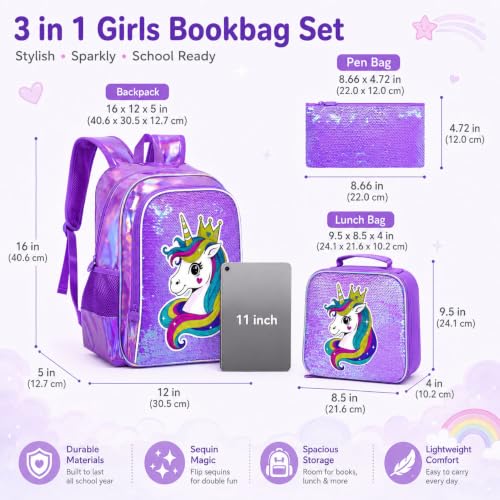 Image of CCJPX 16 inch Unicorn Backpack for Girls, 3Pcs Kids Sequin Bookbag with Lunch Box, Water Resistant Elementary School Bag for Kindergarten Preschool Toddler (Purple)