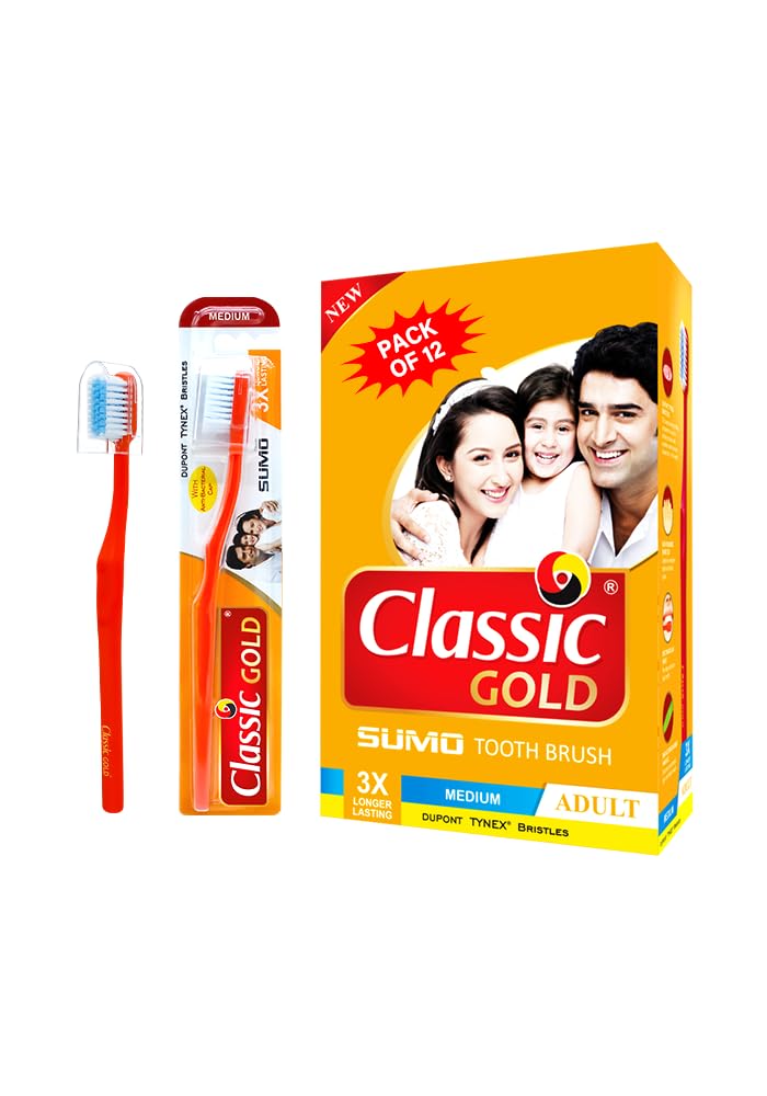 Classic Gold Sumo Medium Manual Toothbrush For Adults Pack Of 12 With Dupont Tynex Bristles And Also Anti Bacterial Crystal Clear Cap (B0851ZMNBF) Amazon Price History, Amazon Price Tracker