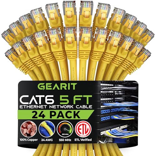 GearIt 24�{�Z�b�g, Cat6 ���� LAN�P�[�u��/�C�[�T�l�b�g�p�b�`�P�[�u�� 1.5m 5 Feet - Snagless RJ45 Computer LAN Network Cord, �C�G���[ - Compatible with 24 48