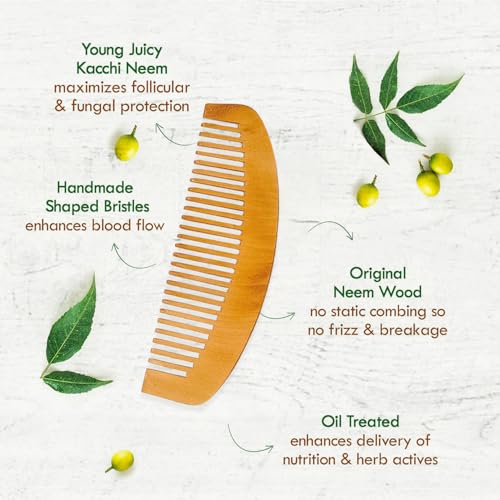 Image of Combelle Kacchi Neem Wooden Wide-Tooth Comb | Oil Treated with Neem & Sesame | Soaked in 13 Herbs | Ayurvedic Anti-Frizz Hair Comb for Gentle Detangling & Hair Growth