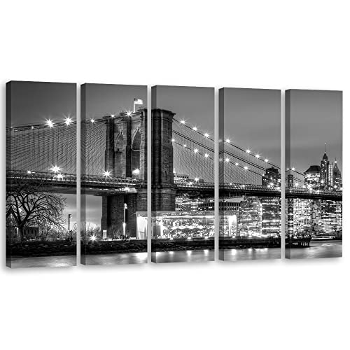 Feeby Image sur toile 5 pièces 100x40 cm Le pont de Brooklyn New York Manhattan Tableau mural Image décoration Murale Design Chambre d'enfant Grattes ciels...