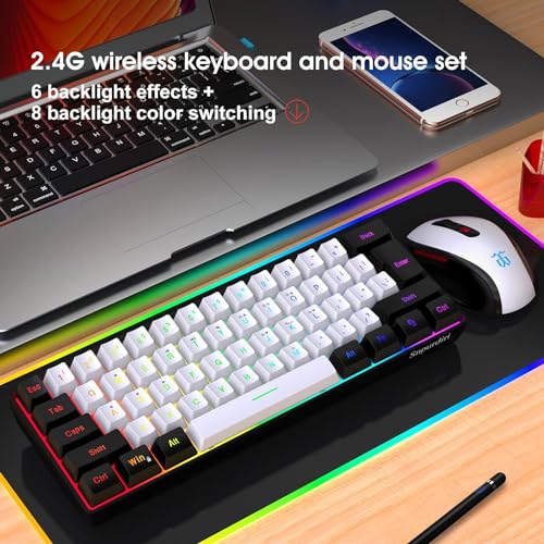 Image of Snpurdiri 2.4G Wireless Gaming Keyboard and Mouse Combo, Include Mini 60% Merchanical Feel RGB Backlit Keyboard, Ergonomic Vertical Feel Small Wireless Mouse(White and Black)