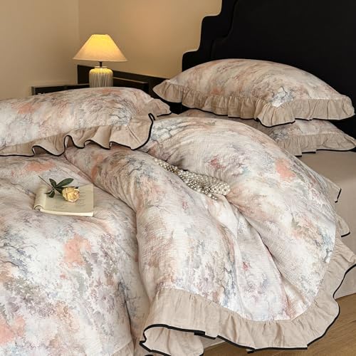 VM VOUGEMARKET Full Duvet Cover with Romantic Ruffles Breathable Muslin Cotton,Soft Textured Gauze Weave Comforter Cover with Zip Closure and Corner Ties- 80"x90"