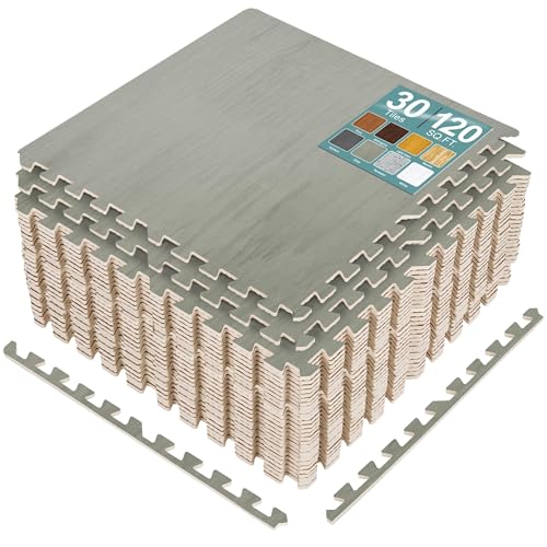 Sorbus 120 Sq. Ft. Wood Grain Floor Tiles Foam Mat EVA Interlocking Mats Tile 3/8-Inch Thick Flooring Wood Puzzle Exercise Mats w/Borders - Home Playroom Basement, Apartment, Trade Show, Baby, Dance