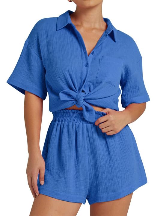 Women 2 Piece Linen Set for Women Outfits Pajamas Short Cotton Linen Soft Matching Short Sets Two Piece Sets Blue Large