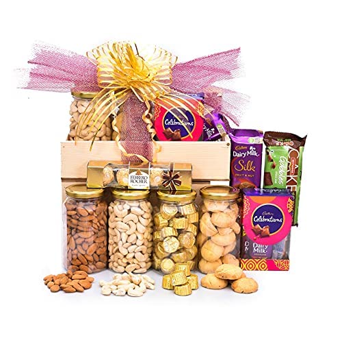 Image of NUTRI MIRACLE Rakhi Dry Fruit & Nut Gifts With Variety Of Chocolates N Handcrafted Rakhis For Brother N Family,700gm