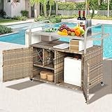 Villeston Wicker Outdoor Bar Cart with Ice Bucket, Patio Bar Table with 2 Ratten Doors Cabinet and Casters for Grill, Kitchen and Garden,Beige