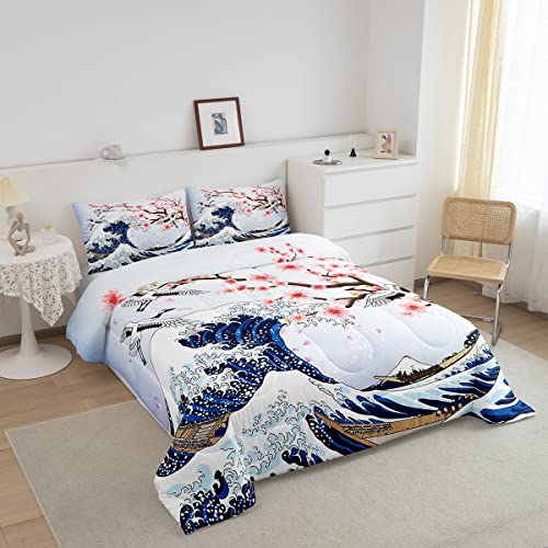 Feelyou Cherry Blossoms Bedding Set Chic Crane Comforter Set for Kids Girls Women Ocean Wave Decor Comforter Pink Japanese Ukiyoe Theme Quilt Set with 1 Pillowcase 2Pcs Bedding Twin