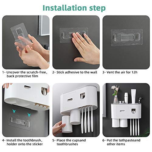 ROOHUA Wall Mounted Toothbrush Holder with Magnetic Cup and Automatic Toothpaste Dispenser Set. Suspension Rack with Storage Drawer .Suitable for Family Bathroom - no Drilling Studs (Grey, 2 Cups)