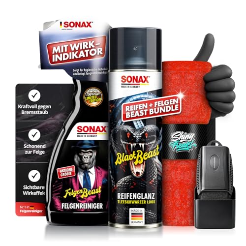 Shiny Freaks Felgen- & Reifenpflege Set: SONAX FelgenBeast Felgenreiniger 500ml + BlackBeast ReifenGlanz 500ml + Tire Dressing Applicator + Mikrofasertuch + Handschuhe - sauber reinigen, satt pflegen