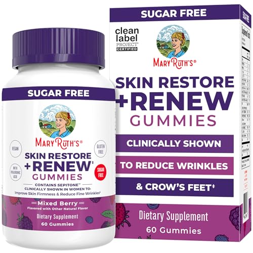 MaryRuths Skin Restore + Renew Gummies with Hyaluronic Acid | Skin Hydration | Clinically Shown in Women to Reduce Fine Wrinkles & Improve Skin Firmness | Vegan Collagen Production | 60 Gummies
