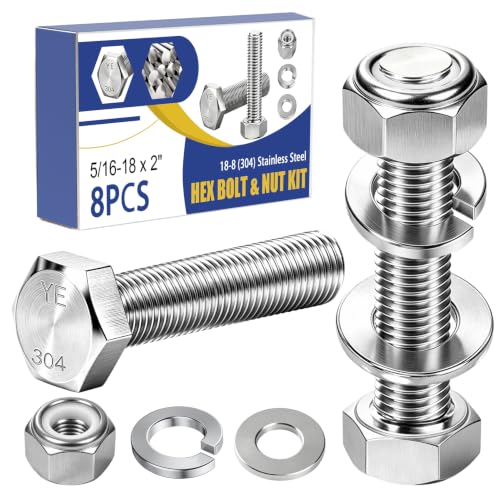 Image of mankk 8PCS 5 /16-18 x 2 inch Hex Bolt & Nut Kit,18-8 (304) Stainless Steel