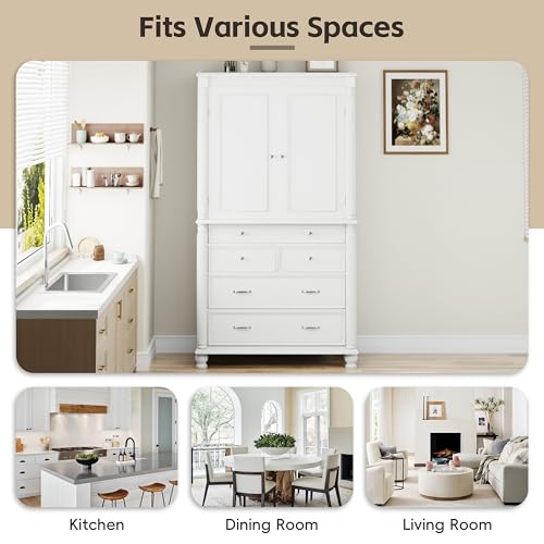 Image of Ball & Cast 77″Tall Freestanding Kitchen Pantry Cabinet with 5 Drawers,43 inch W Versatile Farmhouse Pantry Storage Cabinet w /Adjustable Shelves and 6 Door Shelves,for Kitchen and Dining Room,White