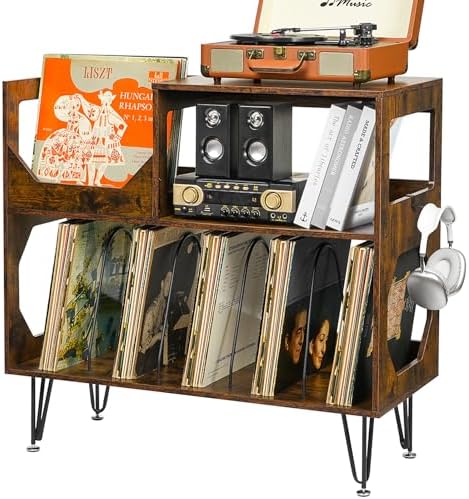 ikkle Large Record Player Stand, 3 Tier Record Player Table with Vinyl Record Storage, Vinyl Cabinet with Metal Legs, Turntable Stand for Living Room, Bedroom, Music Room, Holds 370 Albums, Brown