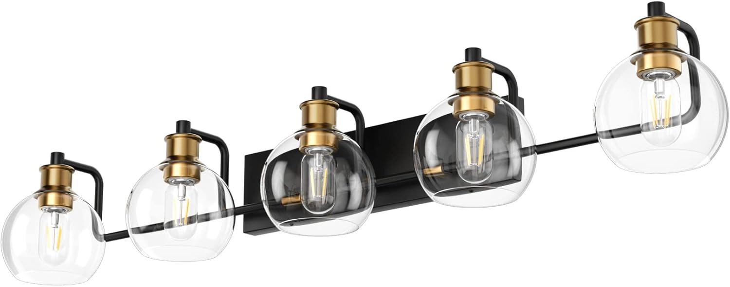Tipace Vintage Vanity Light Fixture,5-Light Industrial Black & Gold Bathroom Lighting with Globe Clear Glass Shades Farmhouse Bath Lighting (Exclude Bulb)
