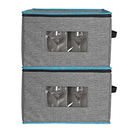 Wine Glass Stemware Storage Box With Lid, Padded Hard Shell Box With Dividers, Handle 12 Holds Wine Glasses Canvas Case, China Storage Containers For Champagne, Wine Gray 2 Packs #TOP1