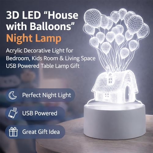Image of Oblivion 3D Illusion LED Night Lamp 1 Pc - USB Powered Acrylic Decorative Table Light with House & Balloons Design for Bedroom, Living Room, Home Decor & Gifting - Warm & Colorful Ambience Lighting