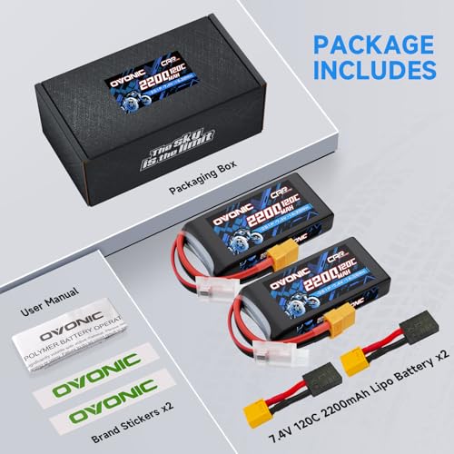 OVONIC 2S Lipo Battery 7.4V 2200mAh 120C with XT60 to TRA Connector for RC Car Truck Vehicles Boat Drone Airplane Quadcopter Helicopter FPV Racing Hobby Models Pro Truck Boat Jet Basher 2 Batteries
