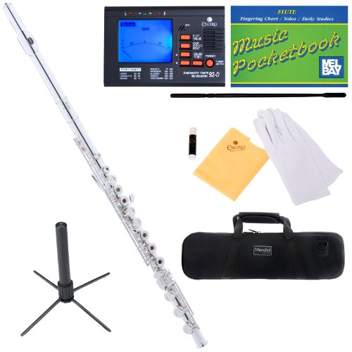 Mendini MFE-30S Intermediate Open/Closed-Hole Silver Plated C Flute w/ B Foot Joint + Case, Chromatic Tuner w/ 1 Yr Warranty, Metronome, Stand, Pocketbook, Cleaning Rod & Cloth, Joint Grease, & a Pair of Gloves