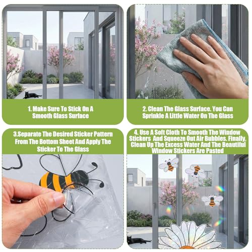 WJIAAA Fensterbilder Frühling, 5 Stück Sonnenblumen & Bienen Aufkleber, Doppelseitige Glasdekoration, 30x40cm Farbige PVC-Folie für Fenster & Spiegel