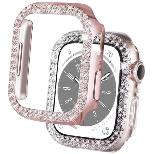 DEALELE [2-Pack] Case Compatible with Apple Watch Series 9/8 / 7 (41mm), Bling Double-Rows Rhinestone Diamond Protective Case Cover Replacement Protector (41mm, Rose Pink+Transparent)