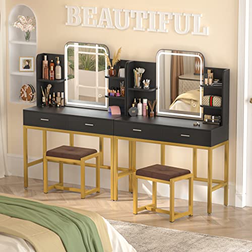 Armocity Vanity Desk With Mirror And Light, Makeup Vanity With Cushioned Stool, Vanity Table Set With 3 Color Lighting Options, Modern Dressing Table With 2 Storage Drawers For Bedroom, Black #TOP6