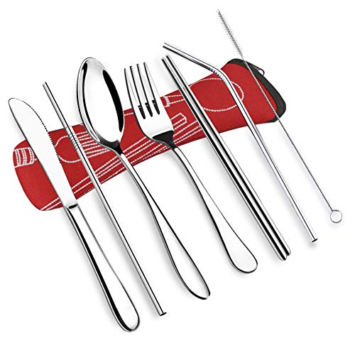VICBAY 7psc Reusable Lunch Cutlery Set, Stainless Steel Straws with Brush, Travel Camping Flatware Set Utensils, Drinking Metal Straws for Tumblers Beverage (Red)