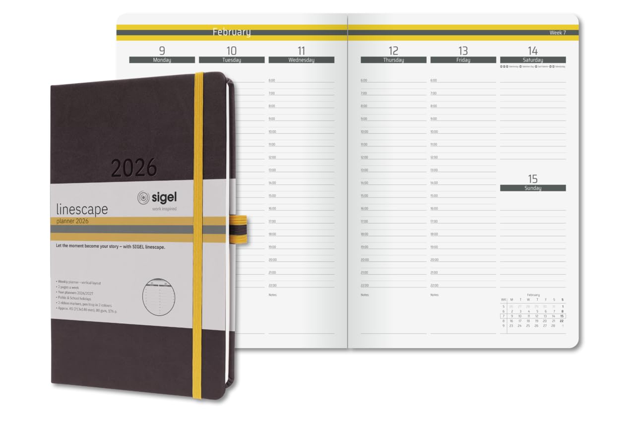 SIGEL L2603 Weekly planner Linescape 2026 EN - 53 weeks - approx. A5 - dark grey/yellow - 2 pages = 1 week - hardcover - 80 gsm - 176 p. - FSC-certified