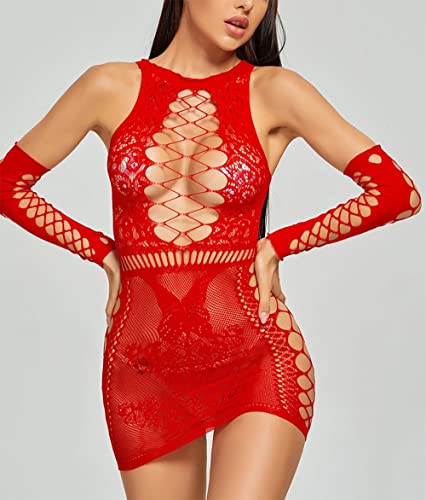 Image of Xs and Os Women's Net Solid Above Knee Babydoll Bodysuit Lingerie