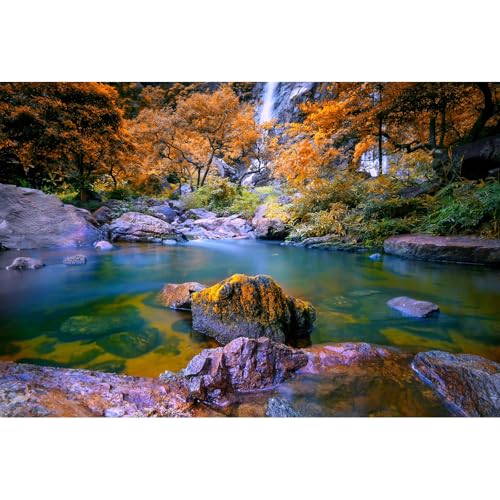Waterfall Aquarium Background Autumn Jungle Forest Lake Stream Natural Landscape Terrarium Background Tranquil River Huge Rocks Fish Tank Background Fall Forest Theme Reptile Background 72x18in