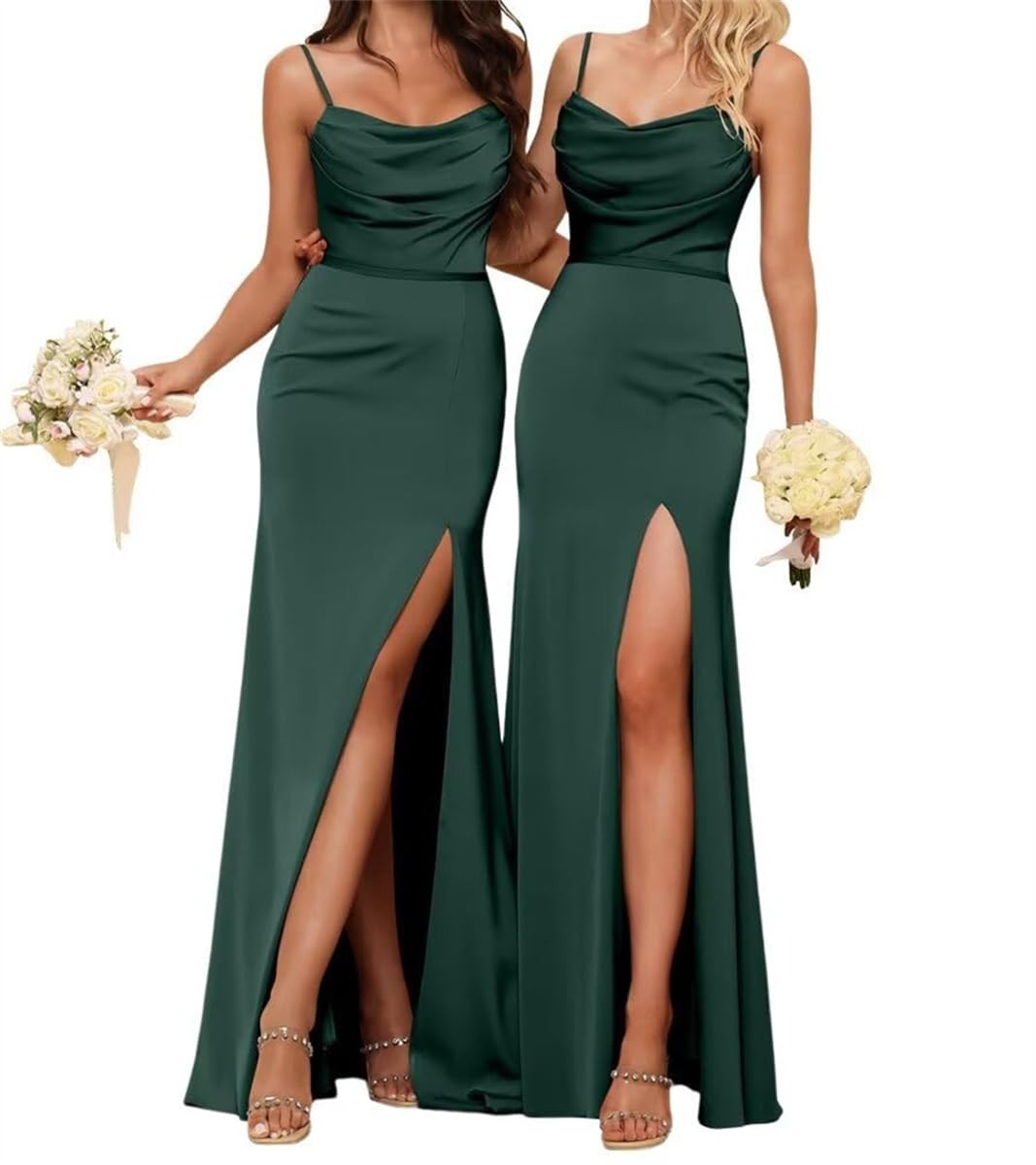 Wseyu Women's Dark Green Bridesmaid Dresses Ruched Silk Satin Spaghetti Straps Prom Dresses With Slit Sheath Formal Evening Gown Uk6