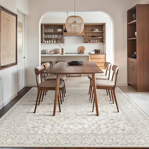 GENIMO 10x14 Area Rugs for Living Room, Machine Washable Non Slip Vintage Rugs, Low Pile Lightweight Chenille Print Rug for Bedroom, Dining Room, Home Office, Beige Line