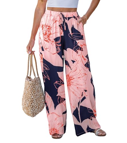 Image of CUPSHE Women's Wide Leg Beach Pants - Tropical Floral with Pockets Plus Size Casual Flowy Vacation Bottoms